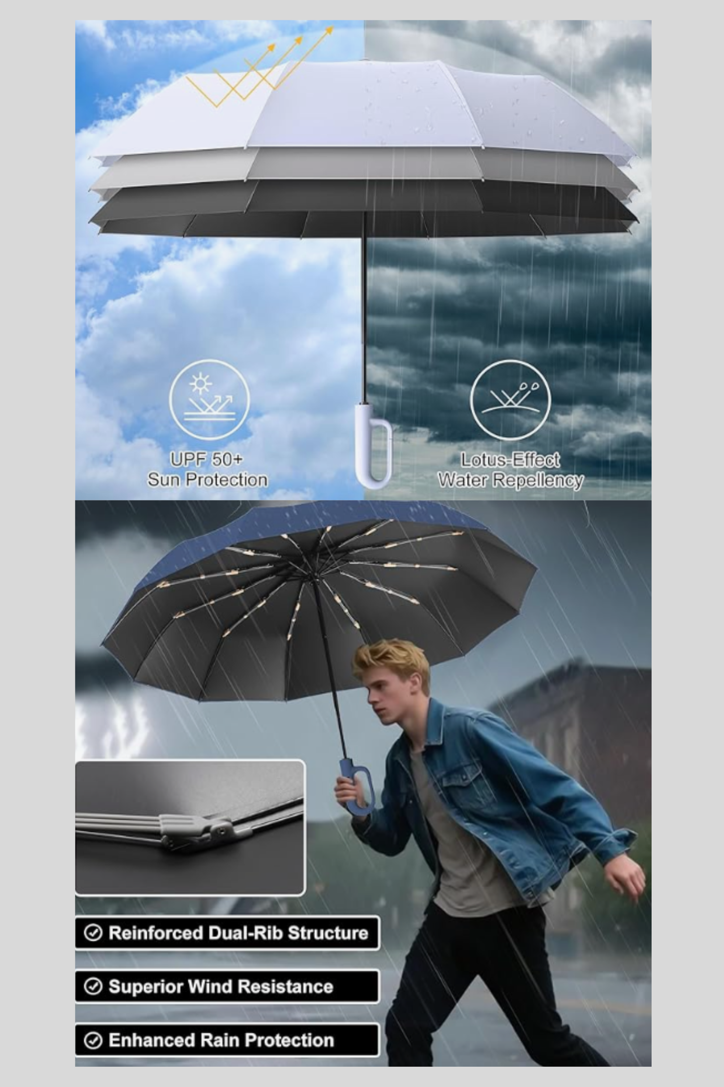 Umbrella with Carabiner Handle Sturdy Windproof Reinforced Automatic