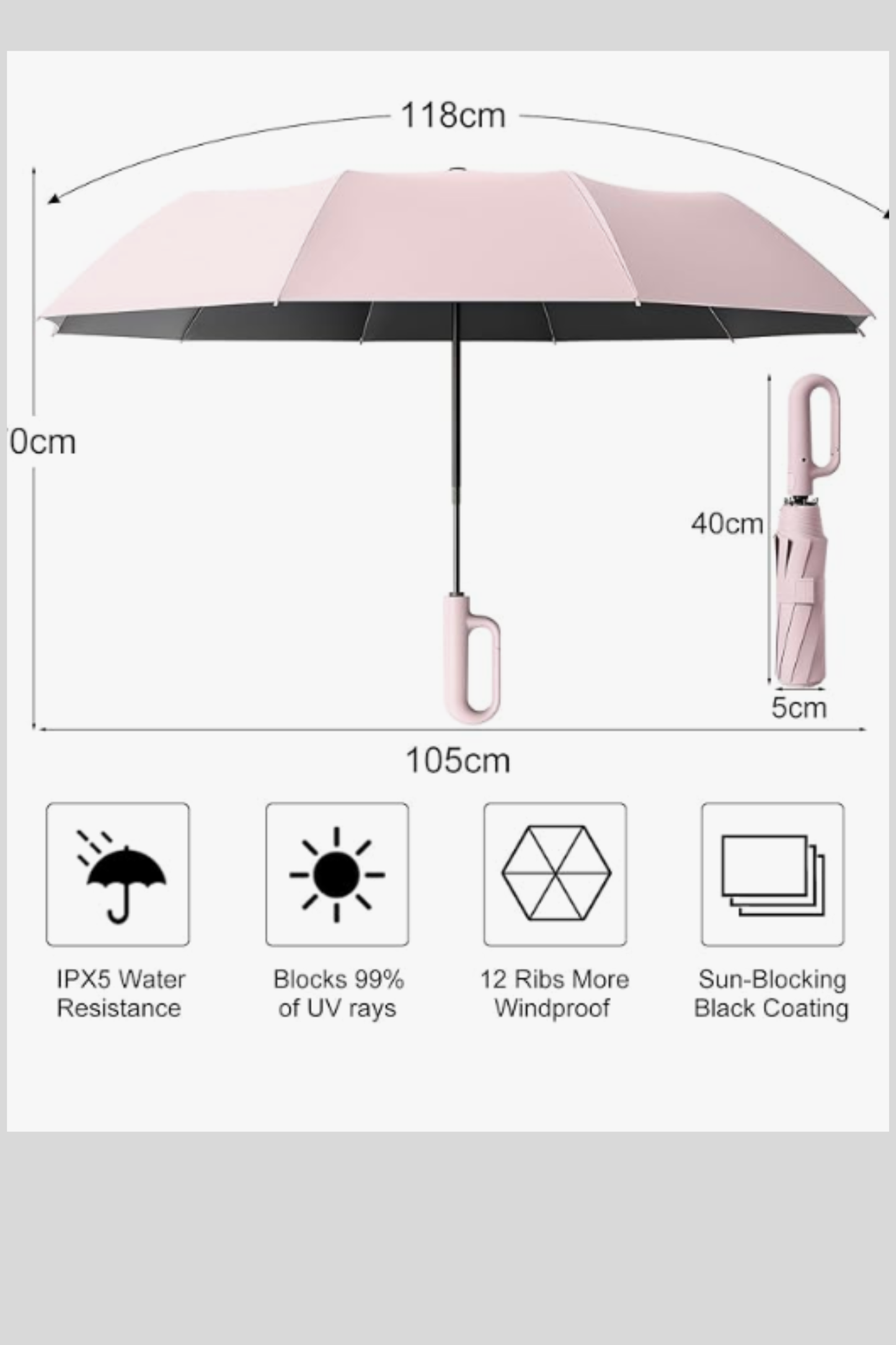 Umbrella with Carabiner Handle Sturdy Windproof Reinforced Automatic