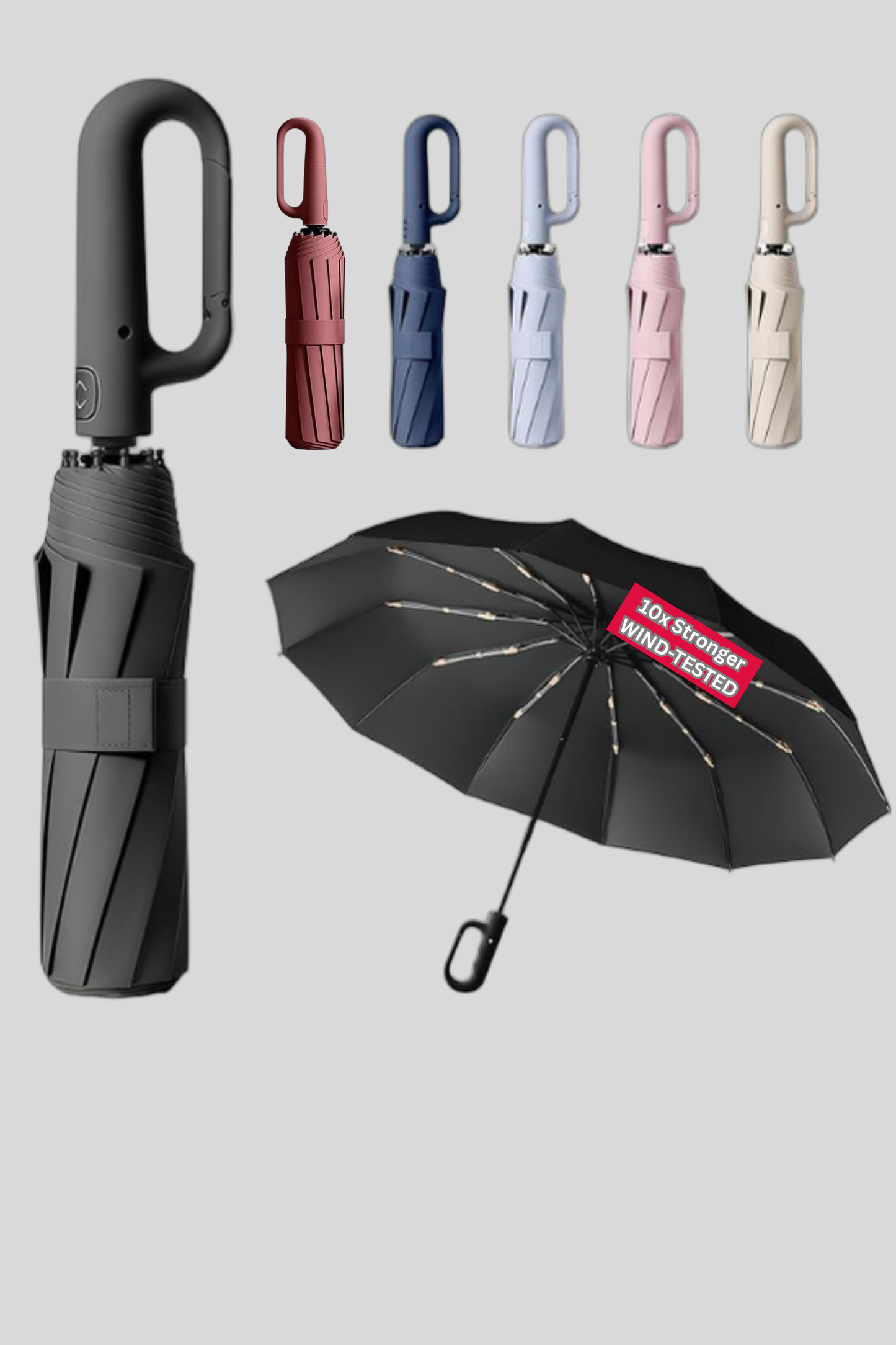Umbrella with Carabiner Handle Sturdy Windproof Reinforced Automatic