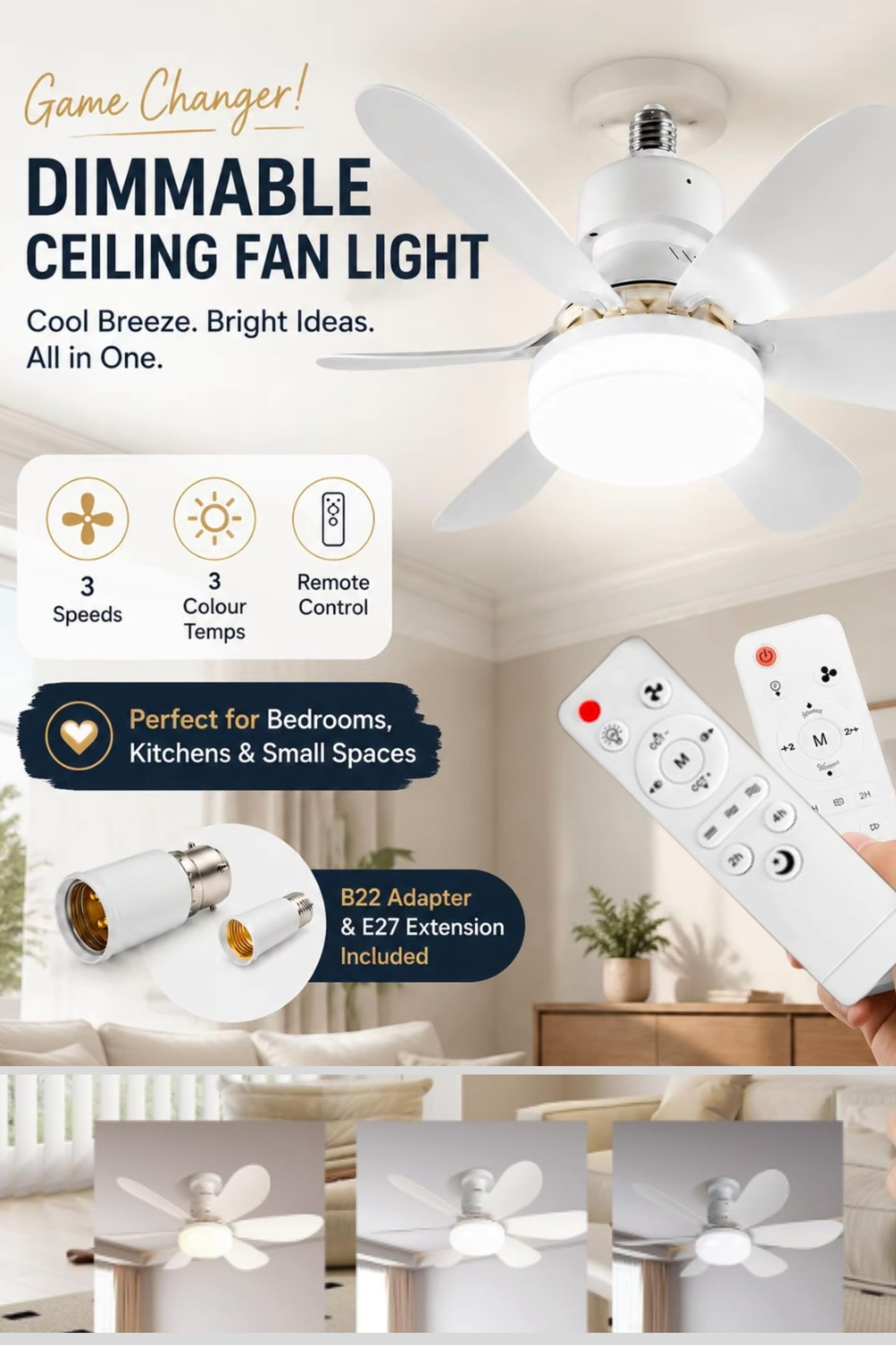 Ceiling Fan with Light, 2 Remote Controls | Complete Kit, Dimmable LED (E27, 40W)